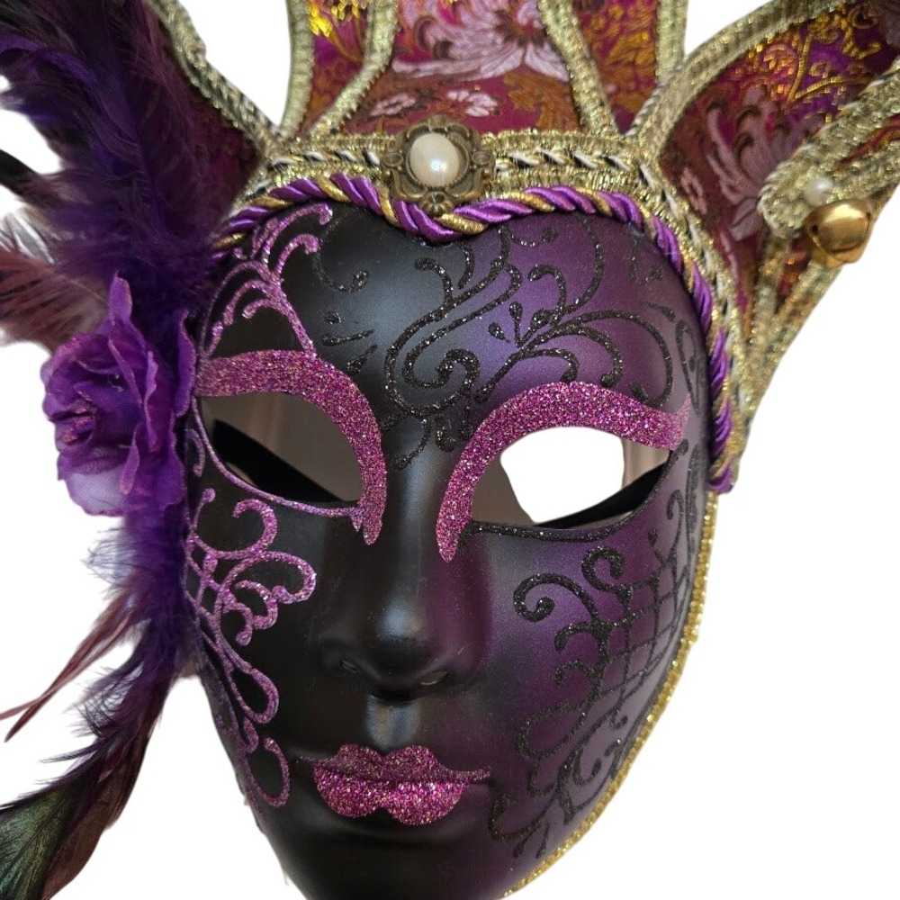 Full Face Venetian Jester Mardi Gra Masks Purple and Gold Brocade - Picture 2 of 9